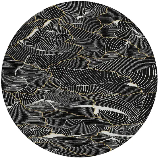 8' Black Ivory And Gold Round Abstract Washable Indoor Outdoor Area Rug Photo 2