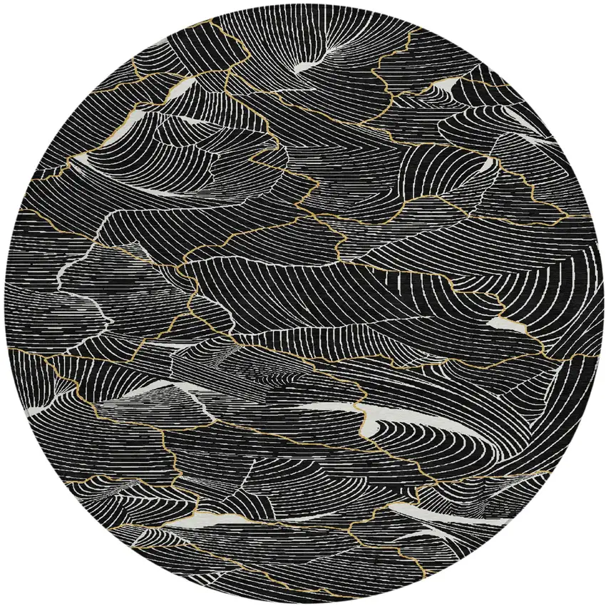 8' Black Ivory And Gold Round Abstract Washable Indoor Outdoor Area Rug Photo 2