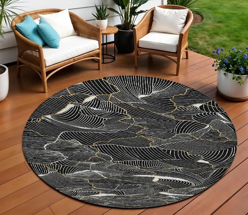 8' Black Ivory And Gold Round Abstract Washable Indoor Outdoor Area Rug Photo 1