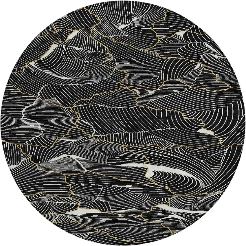 8' Black Ivory And Gold Round Abstract Washable Indoor Outdoor Area Rug Photo 7