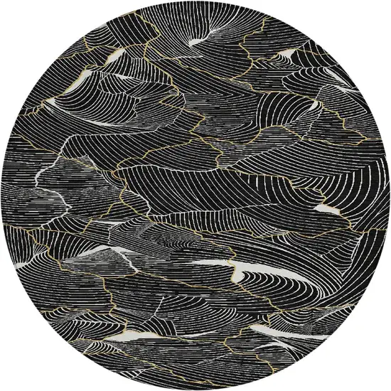 8' Black Ivory And Gold Round Abstract Washable Indoor Outdoor Area Rug Photo 7