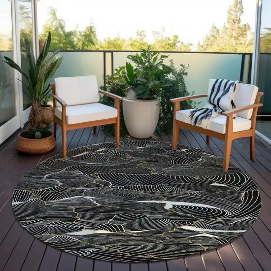 8' Black Ivory And Gold Round Abstract Washable Indoor Outdoor Area Rug Photo 8