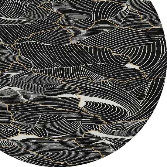 8' Black Ivory And Gold Round Abstract Washable Indoor Outdoor Area Rug Photo 6