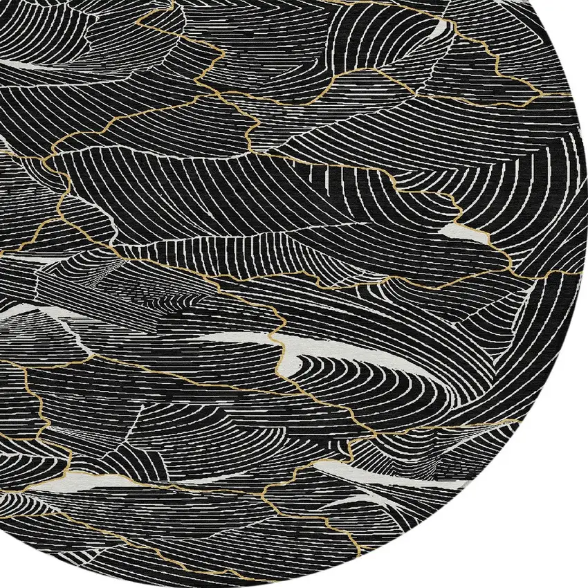 8' Black Ivory And Gold Round Abstract Washable Indoor Outdoor Area Rug Photo 6