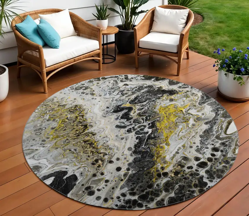 8' Black Ivory And Gold Round Abstract Washable Indoor Outdoor Area Rug Photo 1