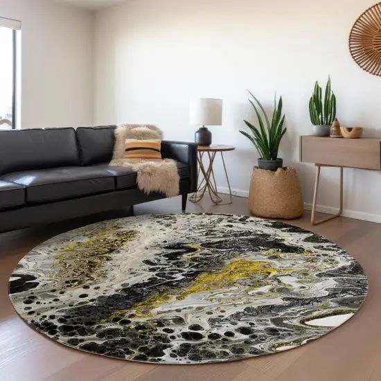8' Black Ivory And Gold Round Abstract Washable Indoor Outdoor Area Rug Photo 8