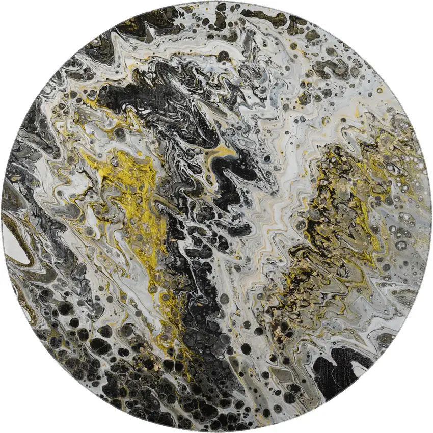 8' Black Ivory And Gold Round Abstract Washable Indoor Outdoor Area Rug Photo 4