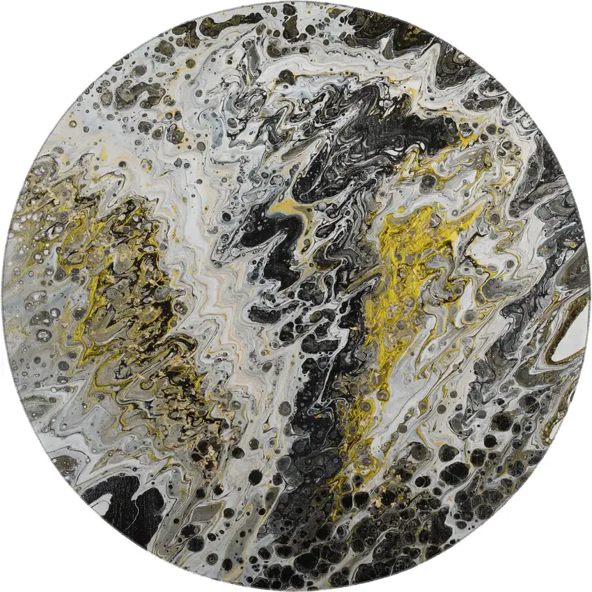 8' Black Ivory And Gold Round Abstract Washable Indoor Outdoor Area Rug Photo 2