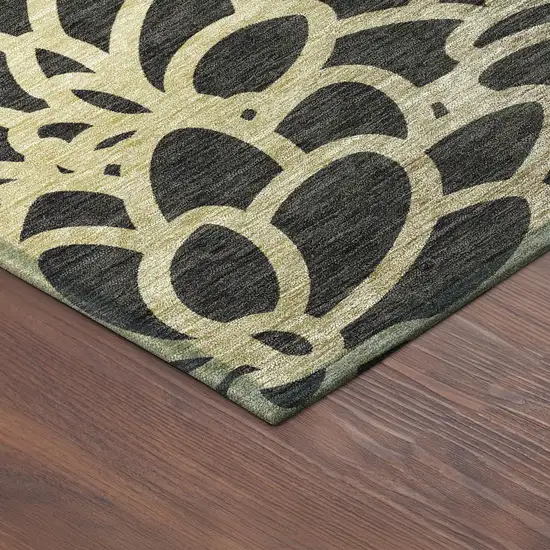 8' Black Ivory And Gold Round Botanical Leaves Washable Indoor Outdoor Area Rug Photo 8
