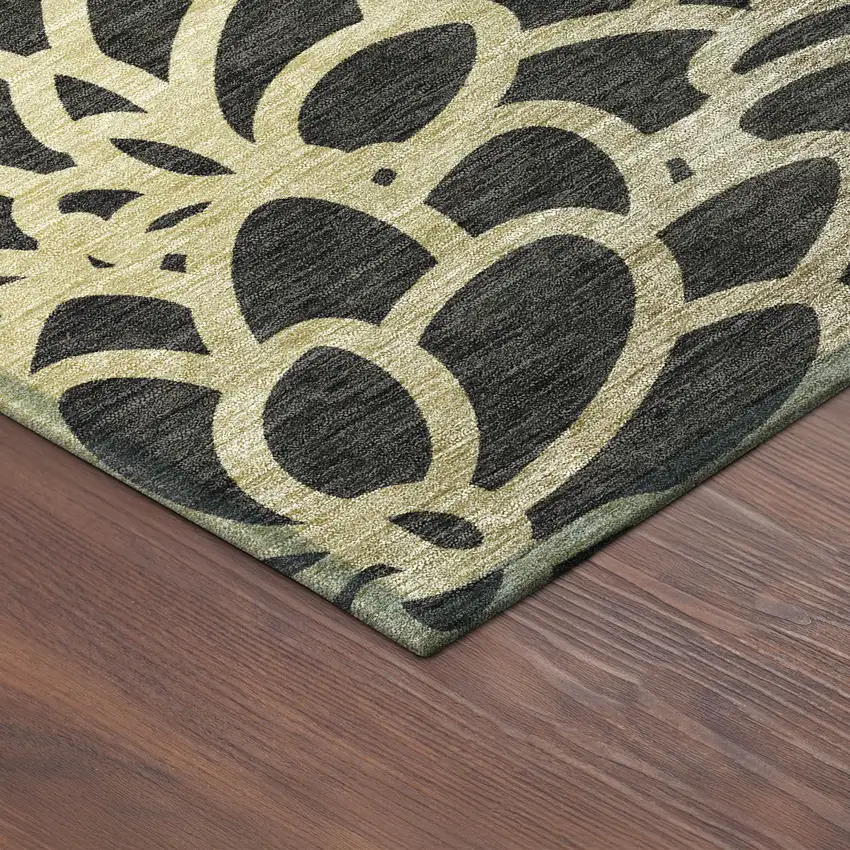 8' Black Ivory And Gold Round Botanical Leaves Washable Indoor Outdoor Area Rug Photo 8