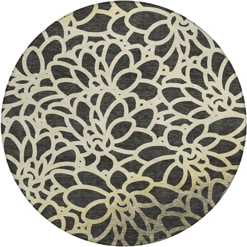 8' Black Ivory And Gold Round Botanical Leaves Washable Indoor Outdoor Area Rug Photo 1