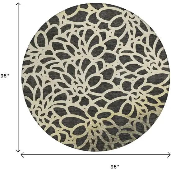 8' Black Ivory And Gold Round Botanical Leaves Washable Indoor Outdoor Area Rug Photo 7