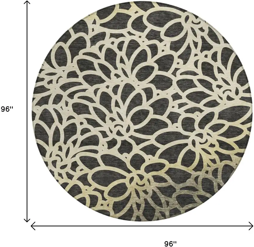 8' Black Ivory And Gold Round Botanical Leaves Washable Indoor Outdoor Area Rug Photo 7