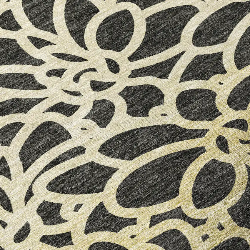 8' Black Ivory And Gold Round Botanical Leaves Washable Indoor Outdoor Area Rug Photo 9
