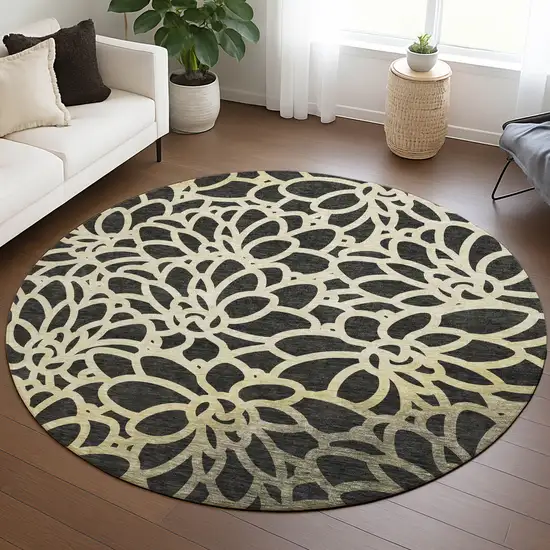 8' Black Ivory And Gold Round Botanical Leaves Washable Indoor Outdoor Area Rug Photo 5