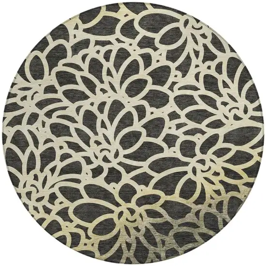 8' Black Ivory And Gold Round Botanical Leaves Washable Indoor Outdoor Area Rug Photo 3
