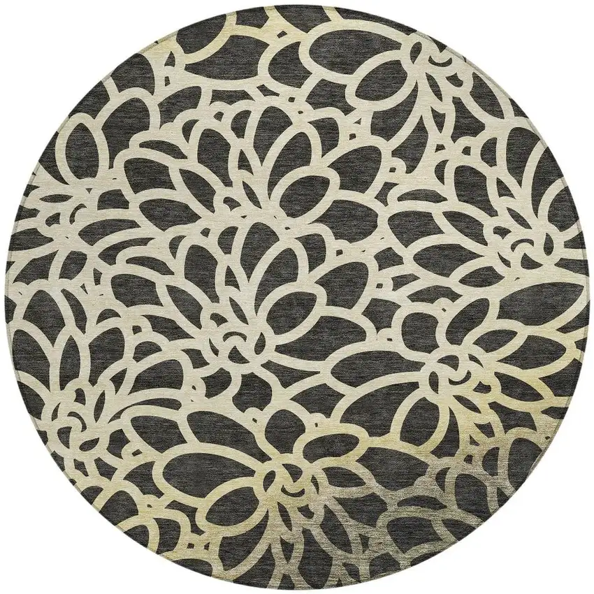 8' Black Ivory And Gold Round Botanical Leaves Washable Indoor Outdoor Area Rug Photo 3