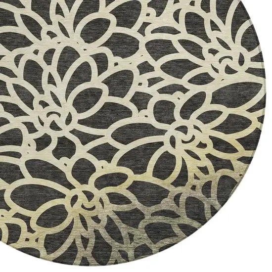 8' Black Ivory And Gold Round Botanical Leaves Washable Indoor Outdoor Area Rug Photo 2