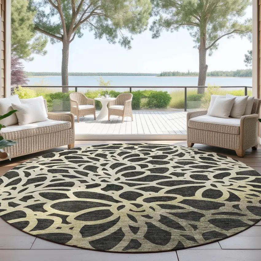 8' Black Ivory And Gold Round Botanical Leaves Washable Indoor Outdoor Area Rug Photo 4