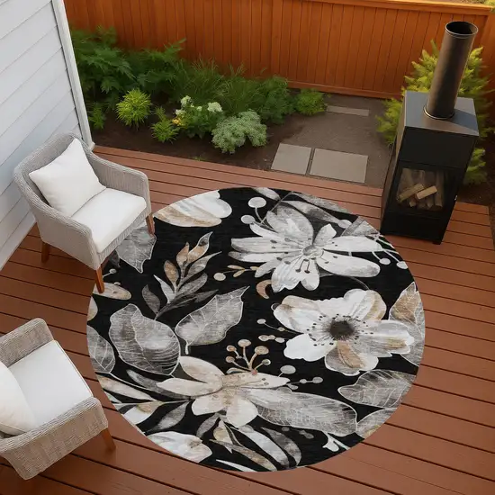 8' Black Ivory And Gold Round Floral Washable Indoor Outdoor Area Rug Photo 9