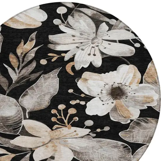 8' Black Ivory And Gold Round Floral Washable Indoor Outdoor Area Rug Photo 5