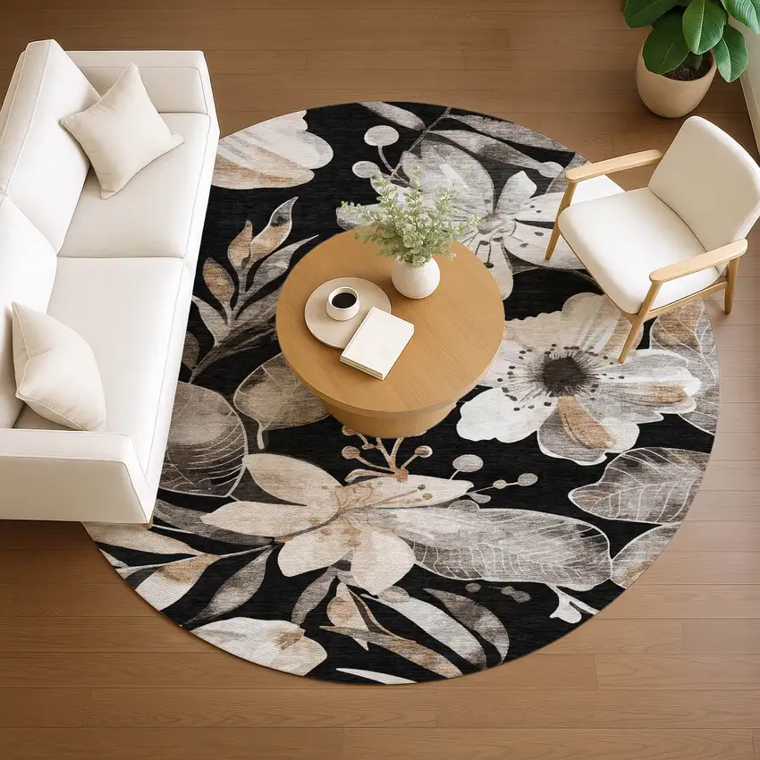 8' Black Ivory And Gold Round Floral Washable Indoor Outdoor Area Rug Photo 9