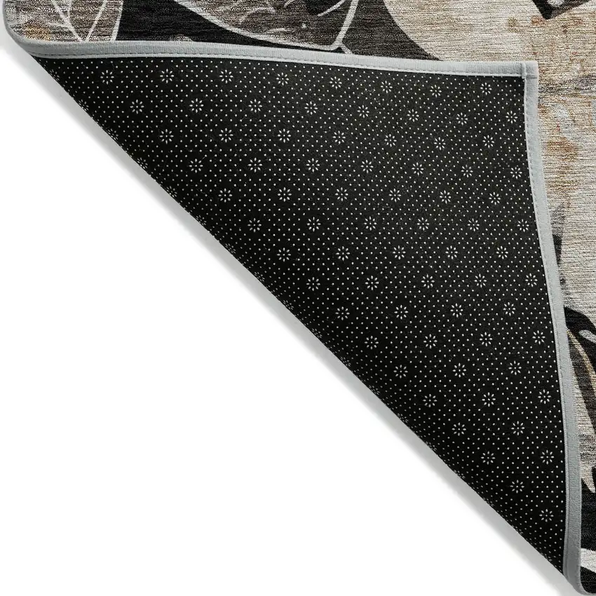 8' Black Ivory And Gold Round Floral Washable Indoor Outdoor Area Rug Photo 8