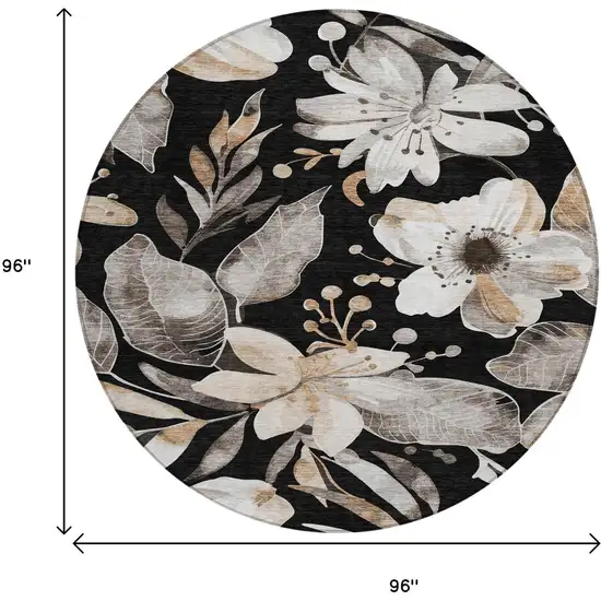8' Black Ivory And Gold Round Floral Washable Indoor Outdoor Area Rug Photo 3