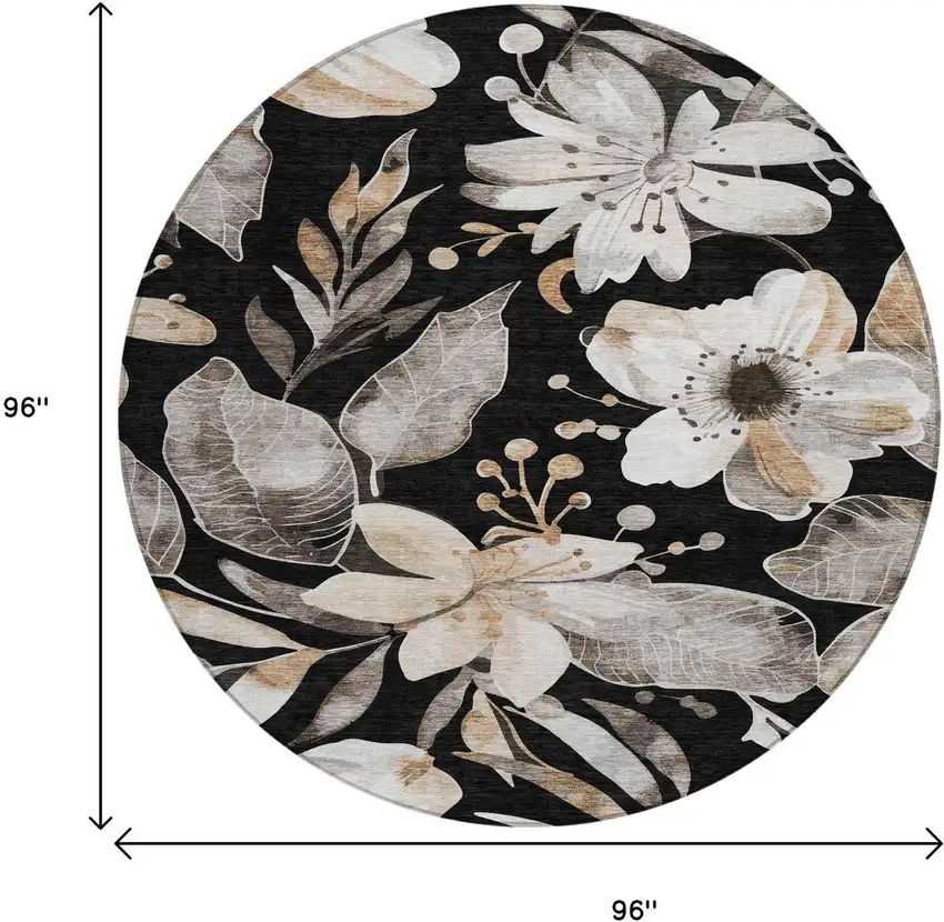8' Black Ivory And Gold Round Floral Washable Indoor Outdoor Area Rug Photo 3