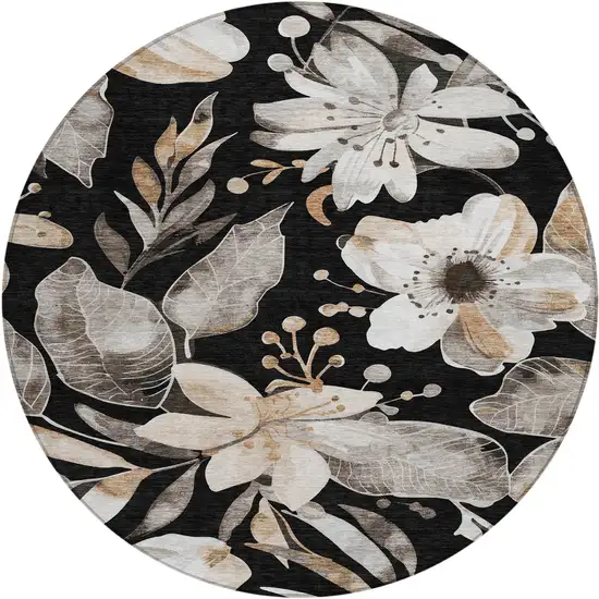 8' Black Ivory And Gold Round Floral Washable Indoor Outdoor Area Rug Photo 2