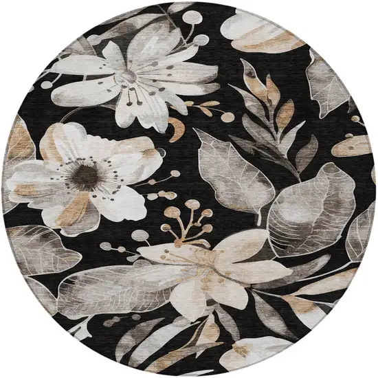 8' Black Ivory And Gold Round Floral Washable Indoor Outdoor Area Rug Photo 4