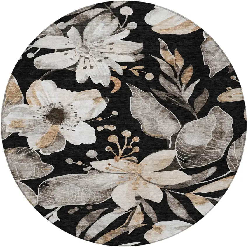 8' Black Ivory And Gold Round Floral Washable Indoor Outdoor Area Rug Photo 4
