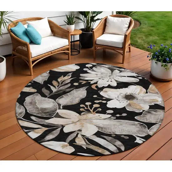 8' Black Ivory And Gold Round Floral Washable Indoor Outdoor Area Rug Photo 1