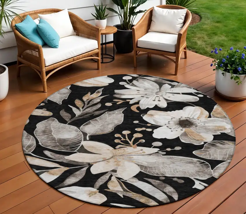 8' Black Ivory And Gold Round Floral Washable Indoor Outdoor Area Rug Photo 1