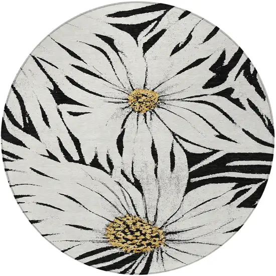 8' Black Ivory And Gold Round Floral Washable Indoor Outdoor Area Rug Photo 4