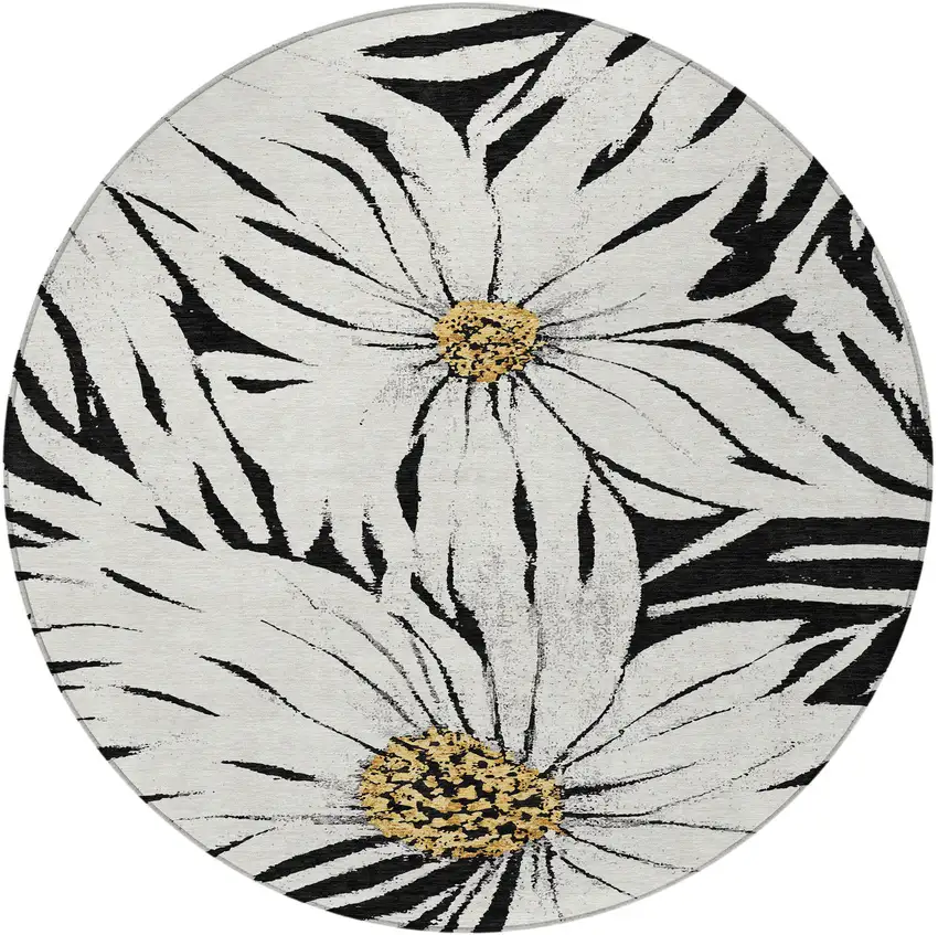 8' Black Ivory And Gold Round Floral Washable Indoor Outdoor Area Rug Photo 4