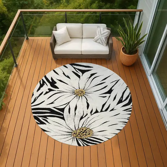 8' Black Ivory And Gold Round Floral Washable Indoor Outdoor Area Rug Photo 6