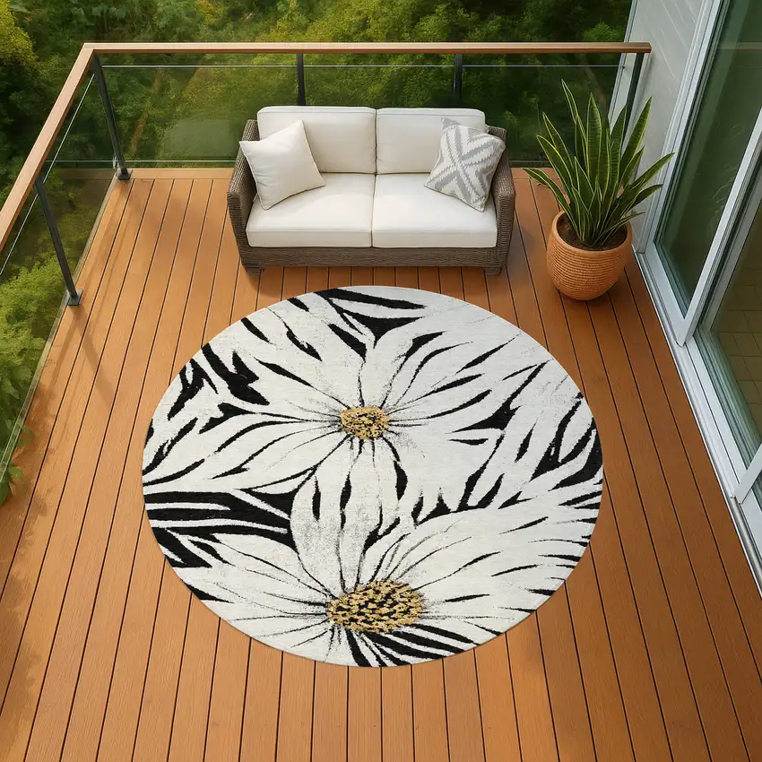 8' Black Ivory And Gold Round Floral Washable Indoor Outdoor Area Rug Photo 6