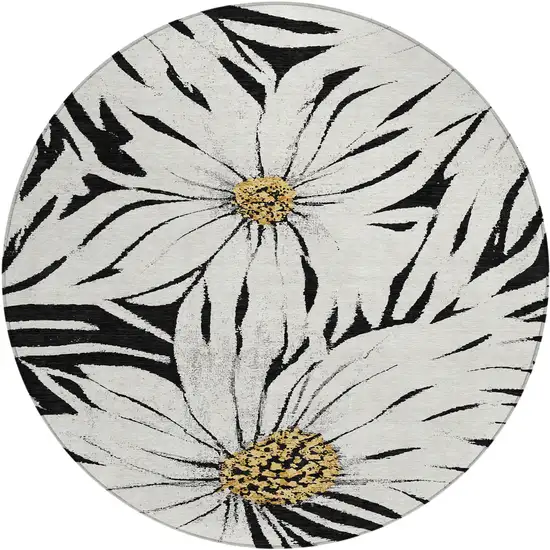 8' Black Ivory And Gold Round Floral Washable Indoor Outdoor Area Rug Photo 2