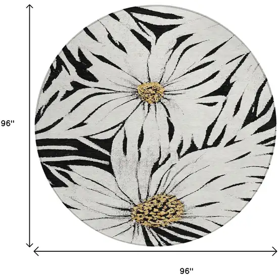 8' Black Ivory And Gold Round Floral Washable Indoor Outdoor Area Rug Photo 3