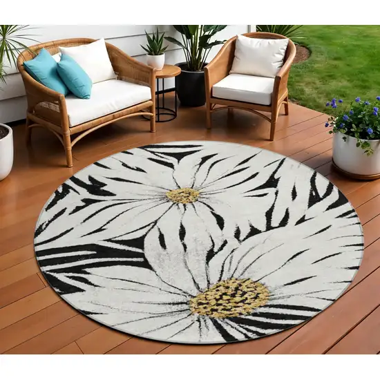 8' Black Ivory And Gold Round Floral Washable Indoor Outdoor Area Rug Photo 1