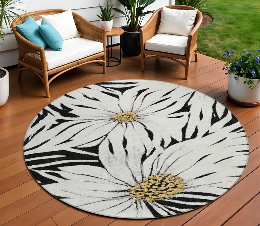 8' Black Ivory And Gold Round Floral Washable Indoor Outdoor Area Rug Photo 1
