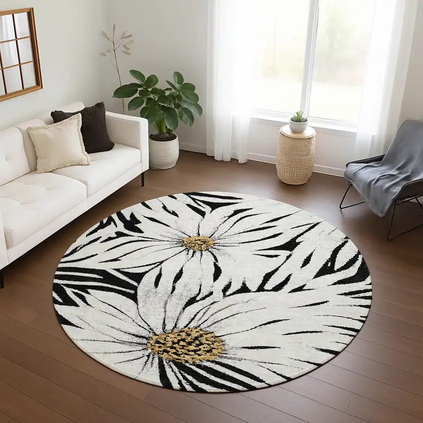 8' Black Ivory And Gold Round Floral Washable Indoor Outdoor Area Rug Photo 7
