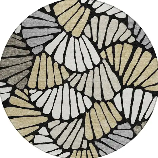 8' Black Ivory And Gold Round Floral Washable Indoor Outdoor Area Rug Photo 3