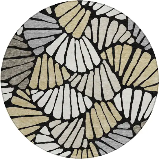 8' Black Ivory And Gold Round Floral Washable Indoor Outdoor Area Rug Photo 1