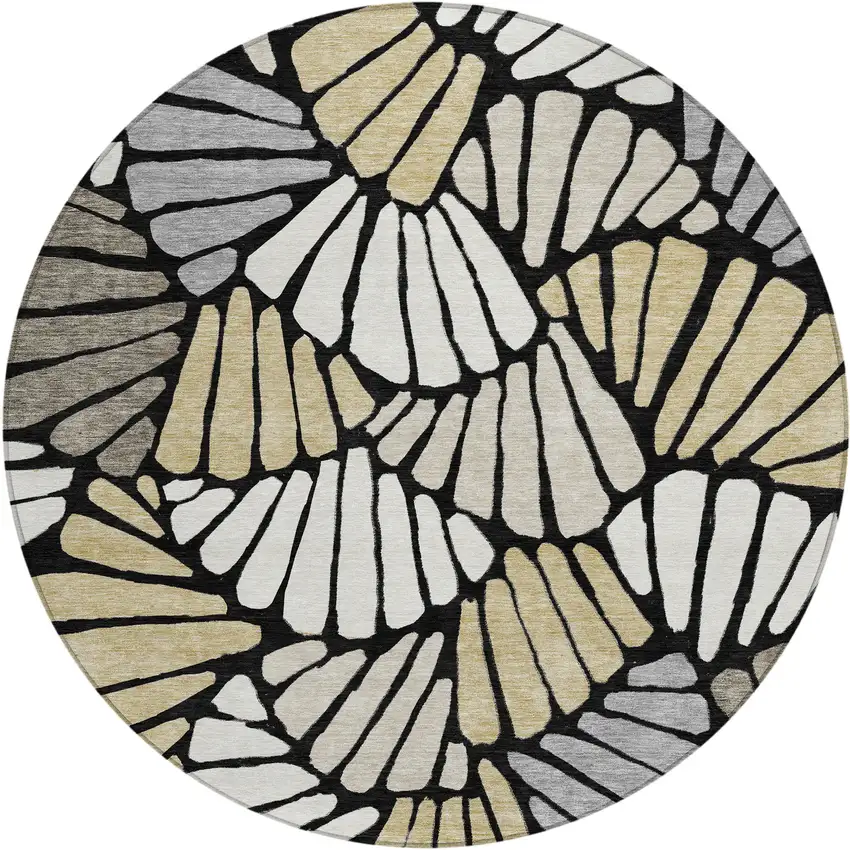 8' Black Ivory And Gold Round Floral Washable Indoor Outdoor Area Rug Photo 1