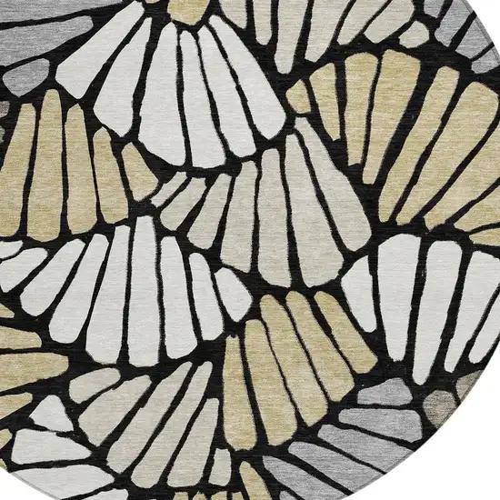 8' Black Ivory And Gold Round Floral Washable Indoor Outdoor Area Rug Photo 2