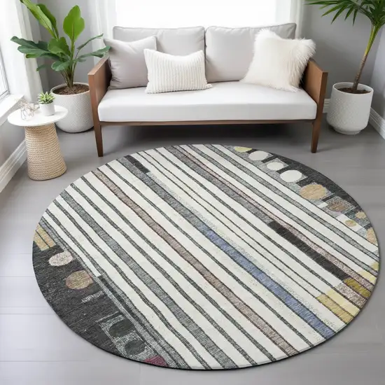 8' Black Ivory And Gold Round Geometric Washable Indoor Outdoor Area Rug Photo 7