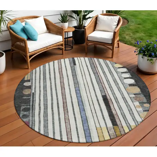 8' Black Ivory And Gold Round Geometric Washable Indoor Outdoor Area Rug Photo 2