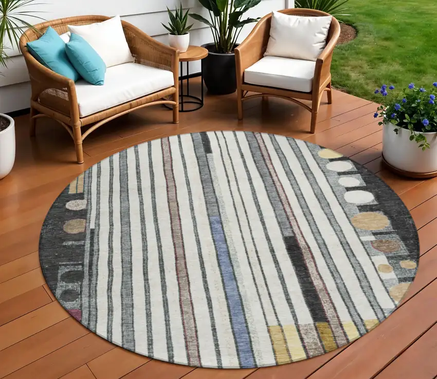 8' Black Ivory And Gold Round Geometric Washable Indoor Outdoor Area Rug Photo 2
